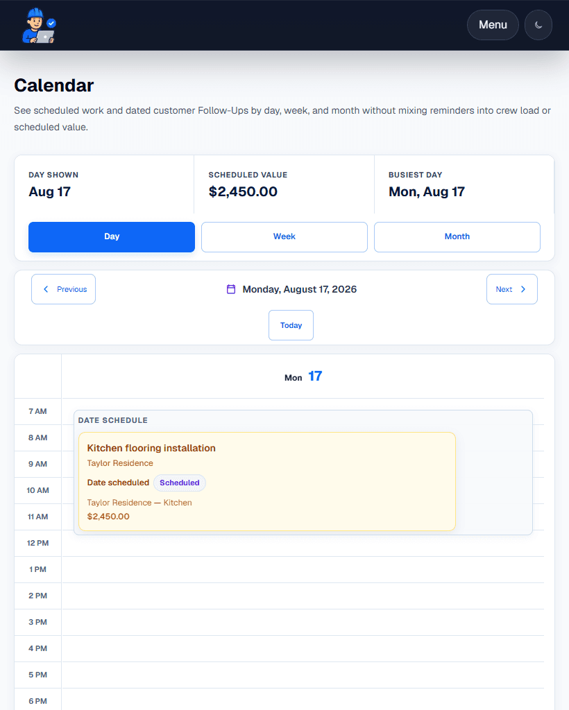 Live FieldCRM calendar capture showing scheduled work in a focused daily view.