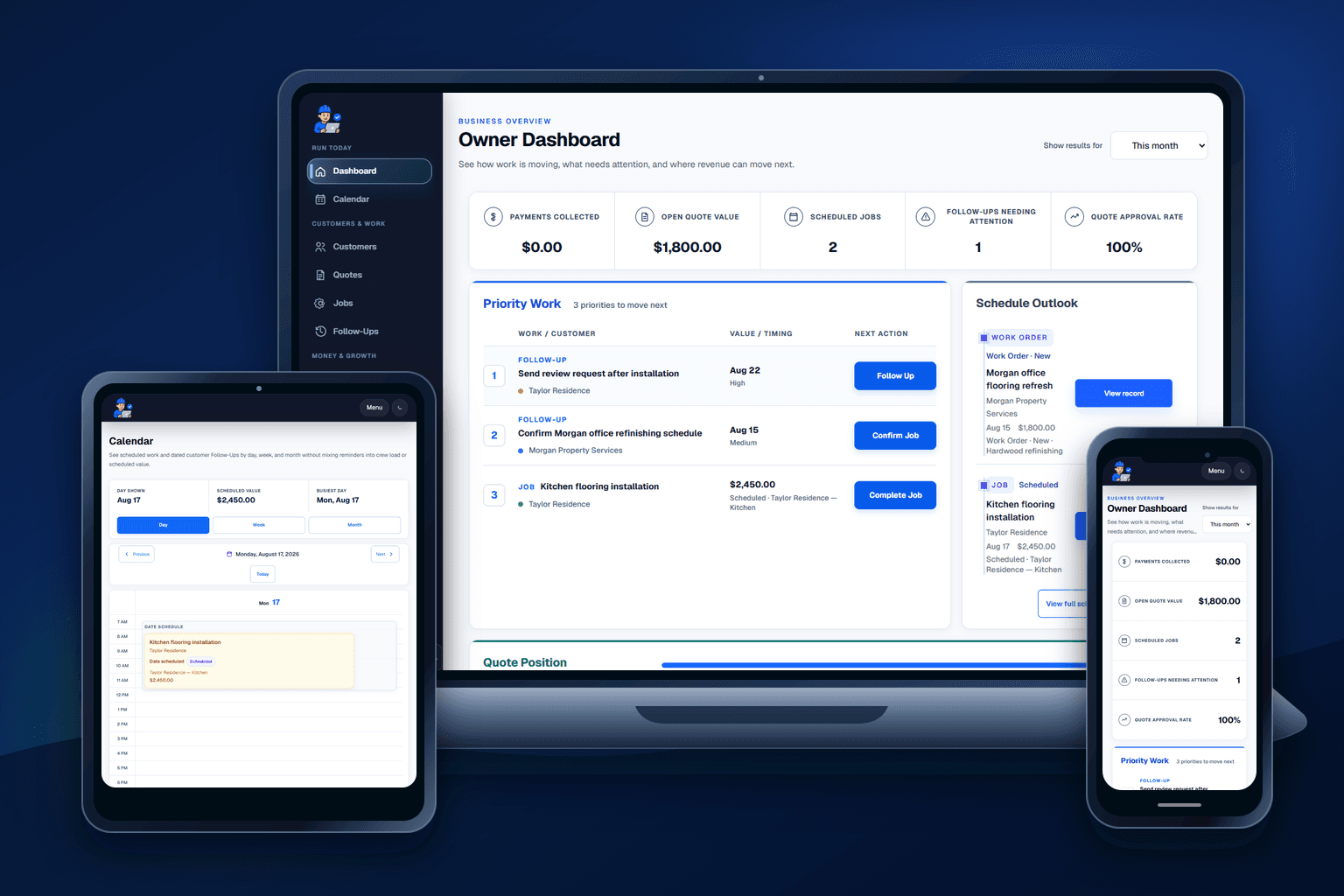 FieldCRM connected across laptop, tablet, and phone