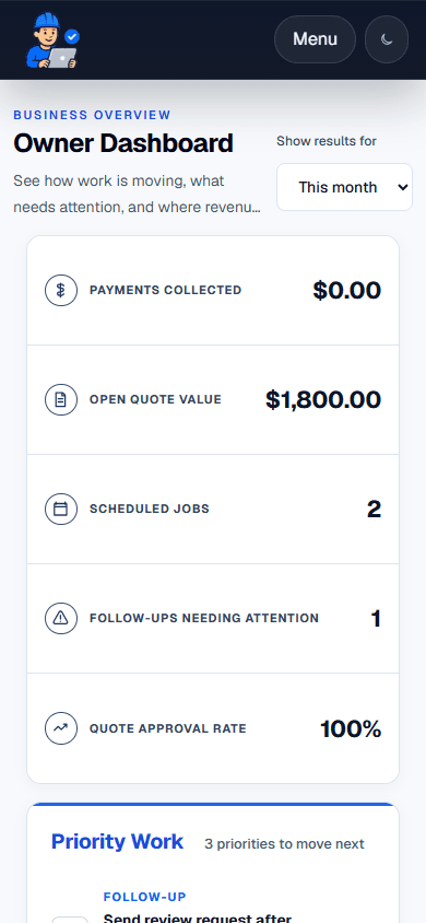 Live FieldCRM mobile Owner Dashboard showing recommended priorities and the customer-to-cash workflow.